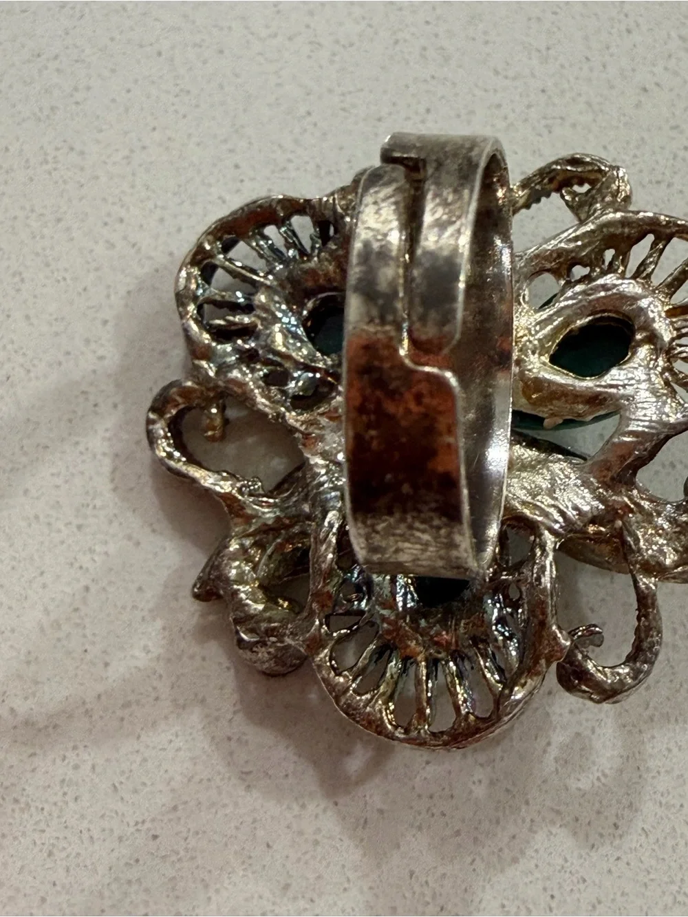 Vintage Style Teal Flower Adjustable Ring with Blue Crystals